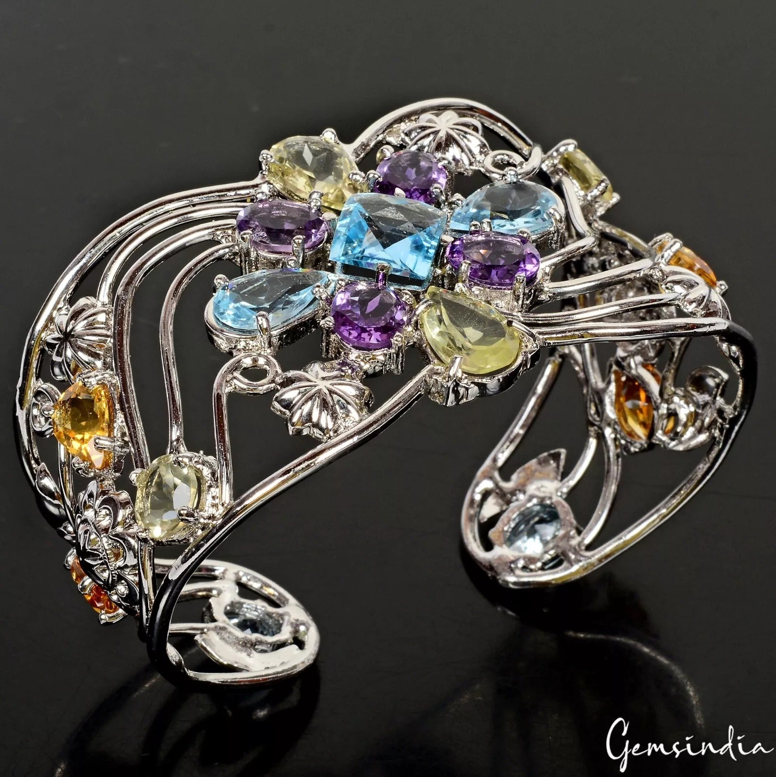 49gm Natural Unheated Multi Gemstone Huge 925 Sterling Silver Bracelet Hand Cuff