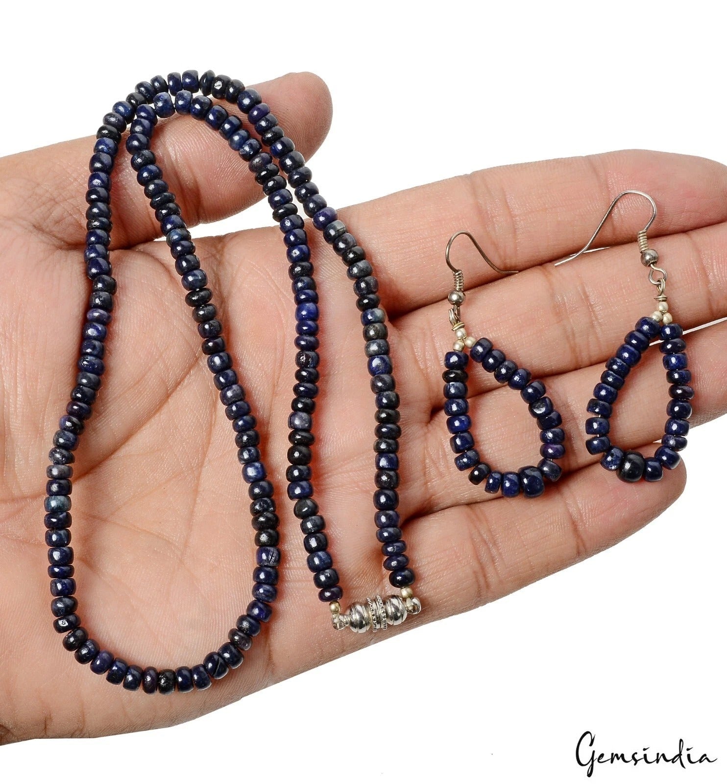 212 Cts Natural Dark Blue Sapphire Gems Round Cab Beaded Handmade Jewelry Set