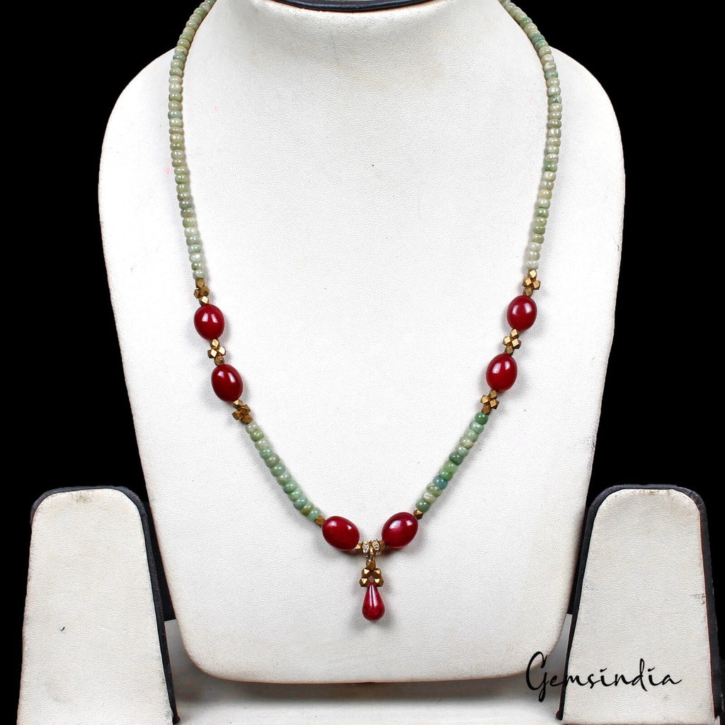 129.50 Ct Natural Red Ruby & Green Emerald Beaded Handmade Necklace For Women