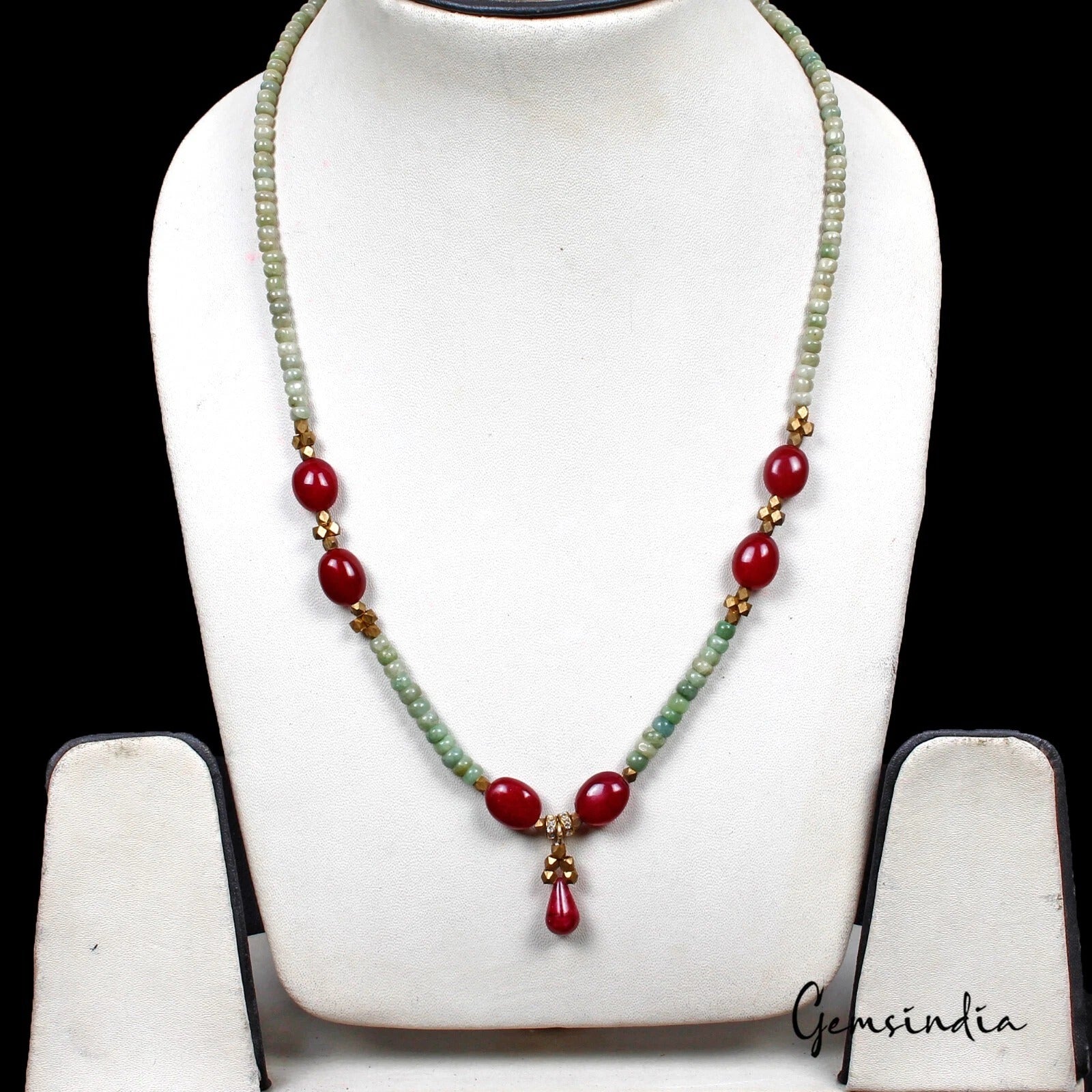 129.50 Ct Natural Red Ruby & Green Emerald Beaded Handmade Necklace For Women