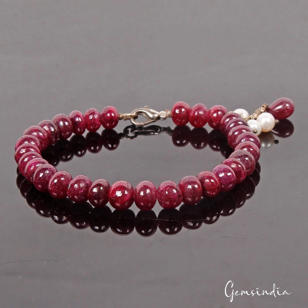 147 Cts Natural Freshwater Pearl & Red Ruby Beaded Gems Handmade Bracelet 7.5 "