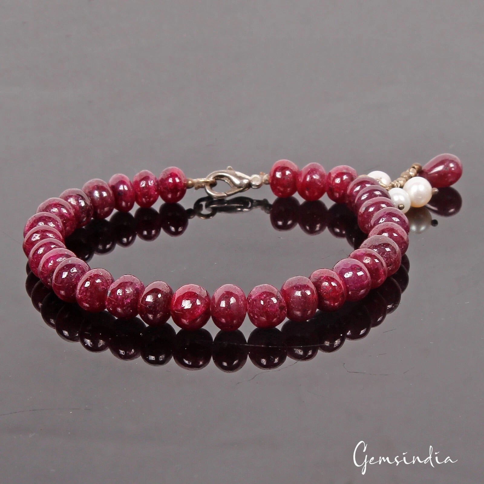 147 Cts Natural Freshwater Pearl & Red Ruby Beaded Gems Handmade Bracelet 7.5 "