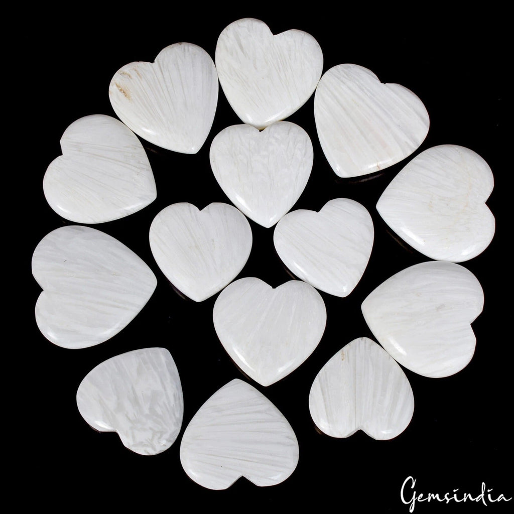 14 Pcs Heart Shape White Selenite Healing Crystal Natural Pocket Stones 1430 Cts