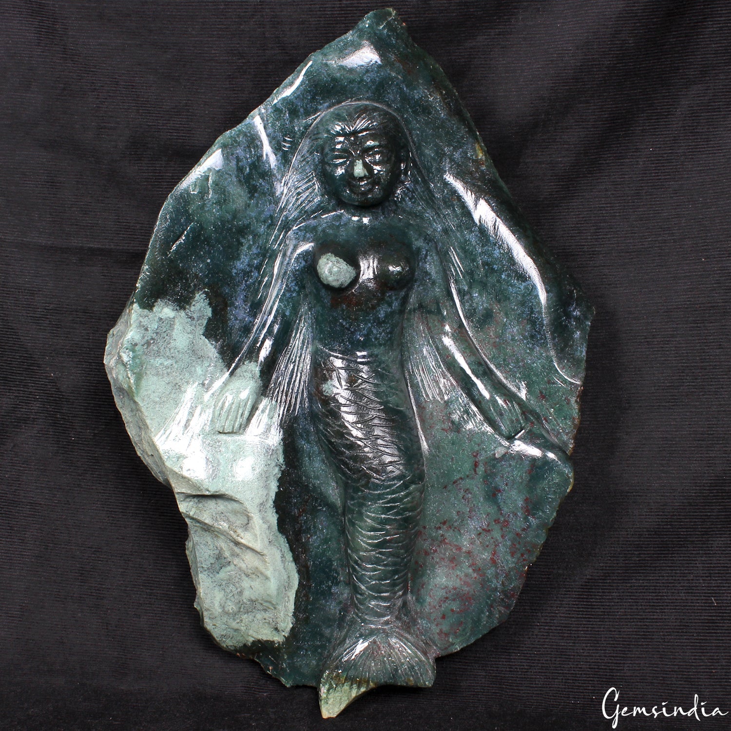 9.7 Kilo Moss Agate Mermaid Carved on Single Stone Rock Rough Figurine Statue