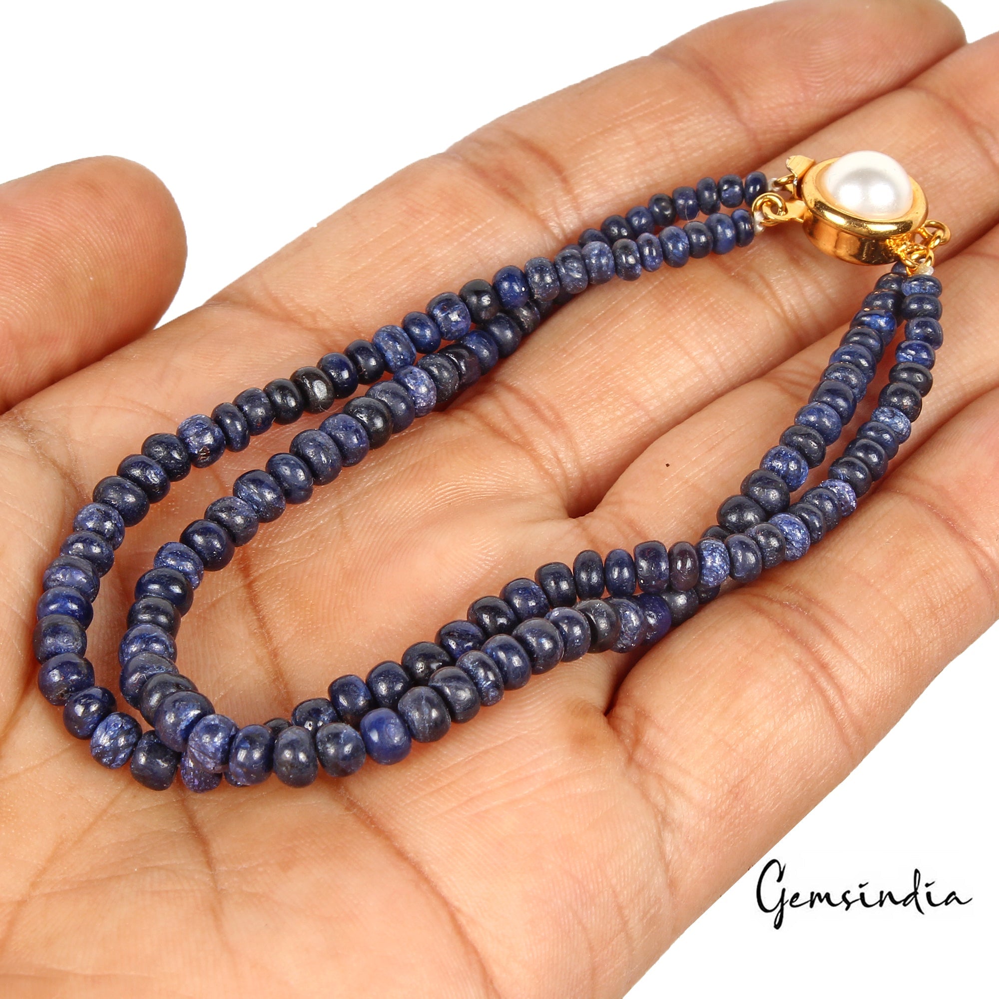84.40 Cts Natural Blue Sapphire Round Cab Beaded Handmade Bracelet W Pearl Lock