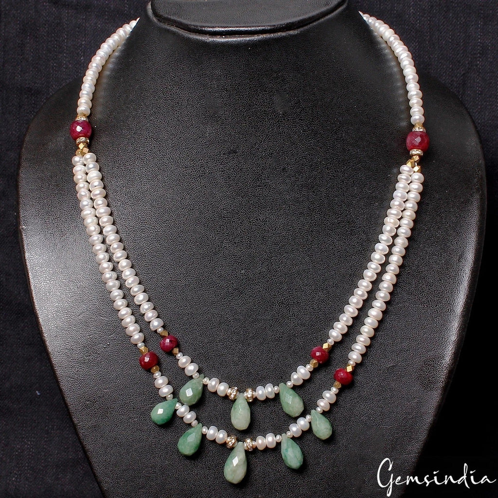 22 Inch Pearl Emerald Ruby Gemstones Beaded Handmade Designer Necklace for Women