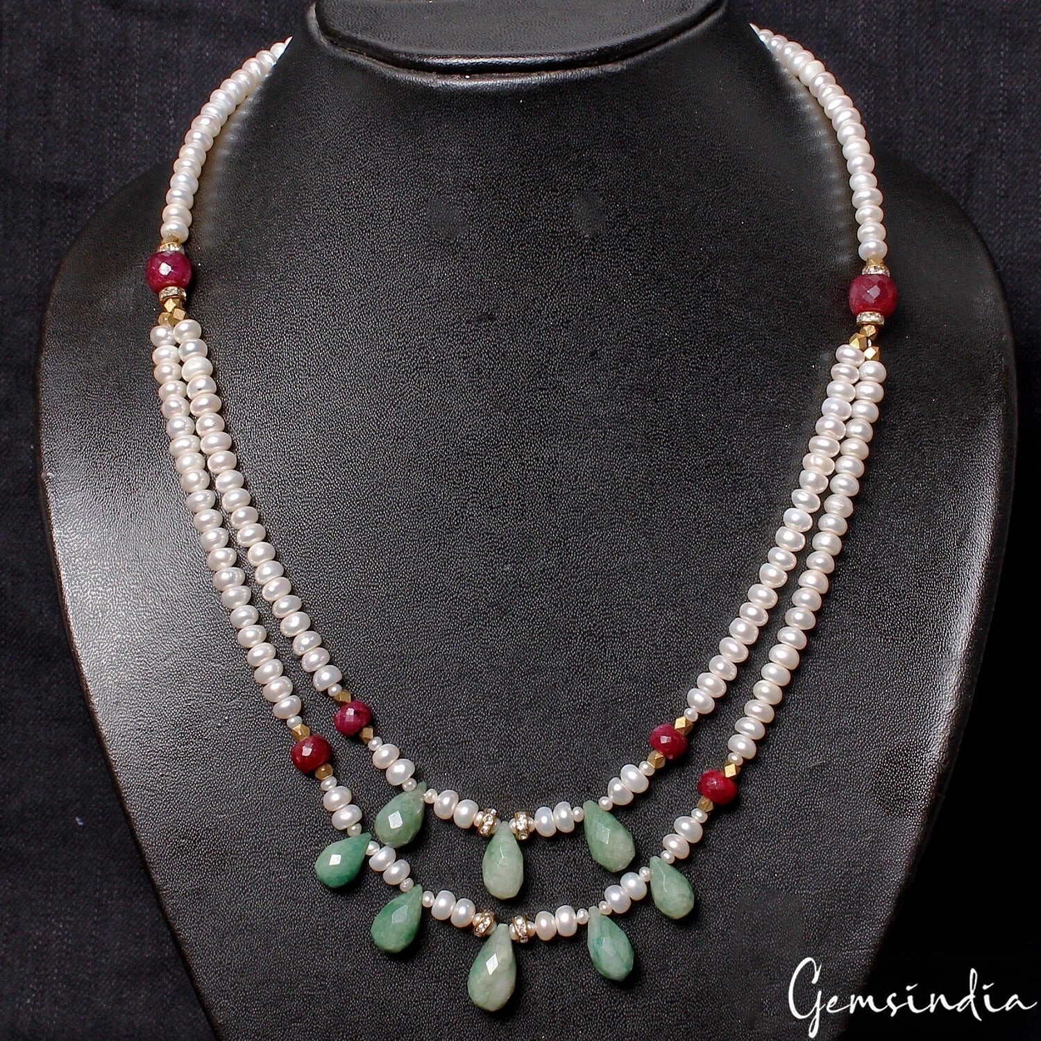 22 Inch Pearl Emerald Ruby Gemstones Beaded Handmade Designer Necklace for Women