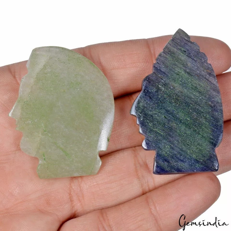 175 Ct/2Pc Natural Fluorite/Aventurine Warrior Head Pocket Size Carved Sculpture
