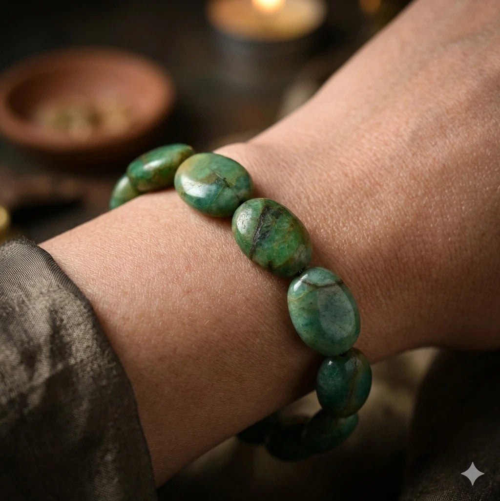 6.5" Natural Green Brazilian Oval Cab Center Drilled Handmade Bracelet 108.70 Ct