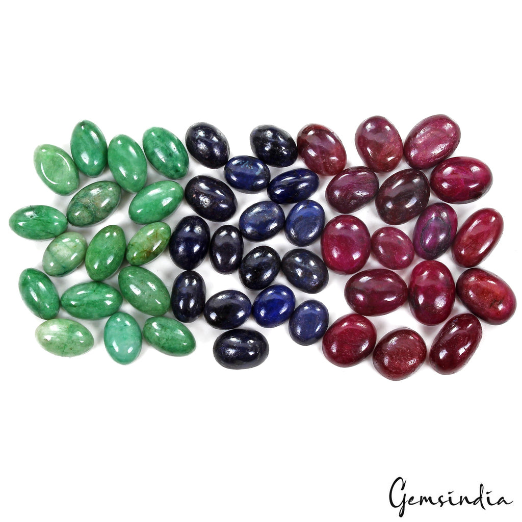 Certified 300 Ct Natural Ruby Emerald Sapphire Oval Cabochon Loose Gemstones Lot