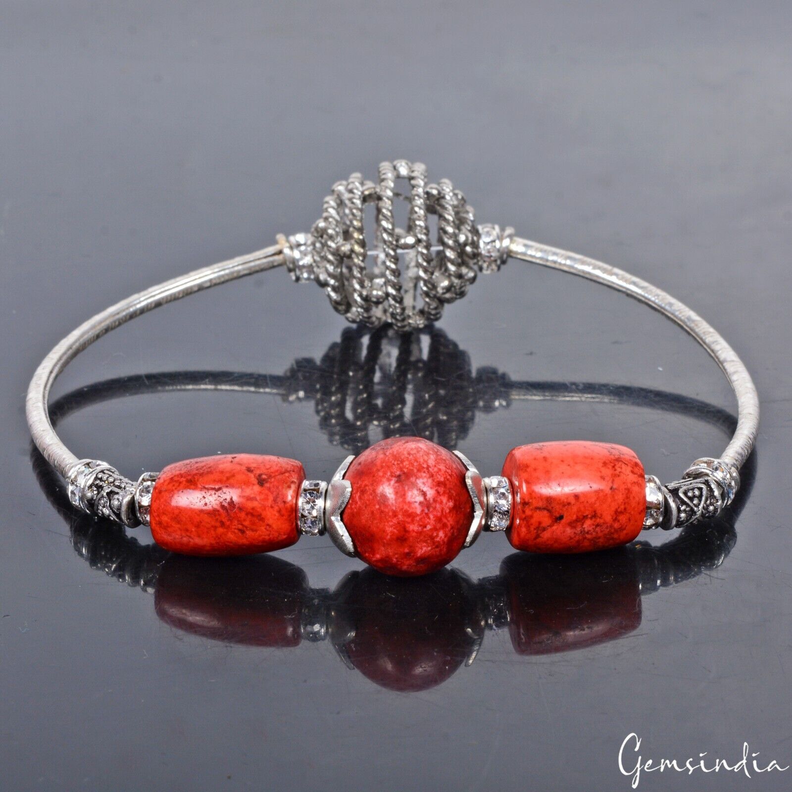 90.60 Cts Dark Orange Coral Gem Silver Stretchable Designer 6.5 Inch Bracelet