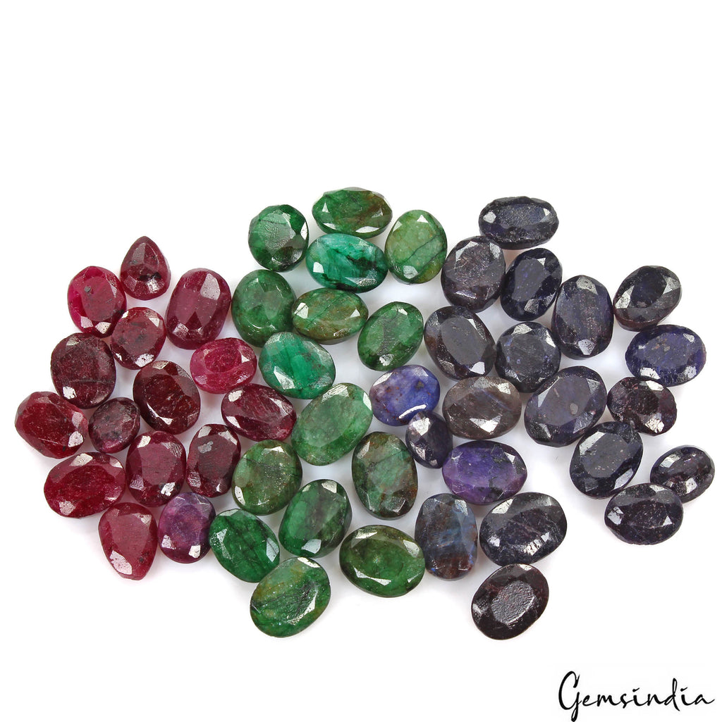 380 Ct/50 Pcs Natural Multicolor Ruby Emerald Sapphire Oval Cut Gems For Jewelry