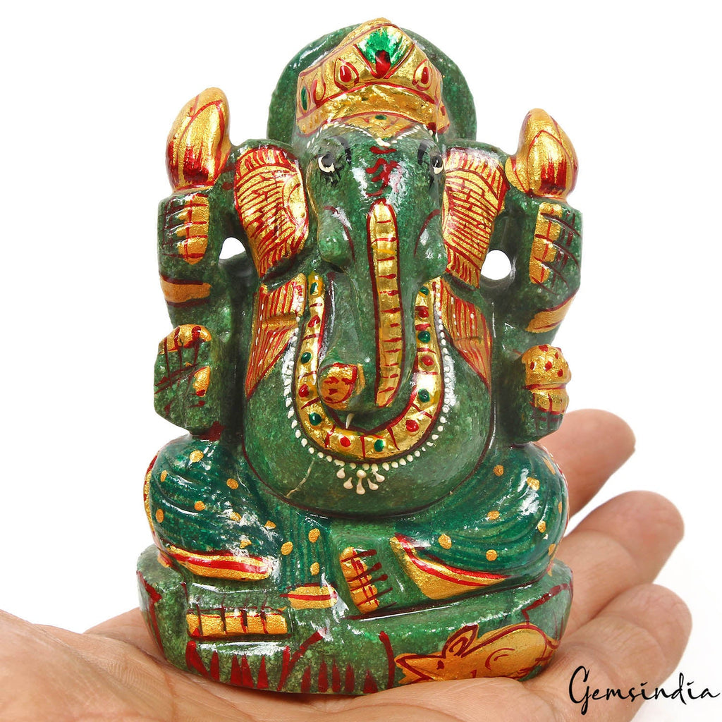 1560 Cts Natural Green Aventurine Handcrafted Singlestone Ganesha Sculpture 3.7"