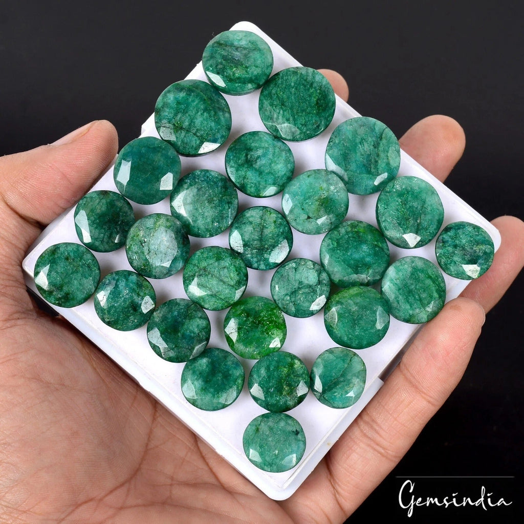 400 Ct/26 Pcs Natural Green Brazilian Emerald Round Faceted Cut  Loose Gemstones