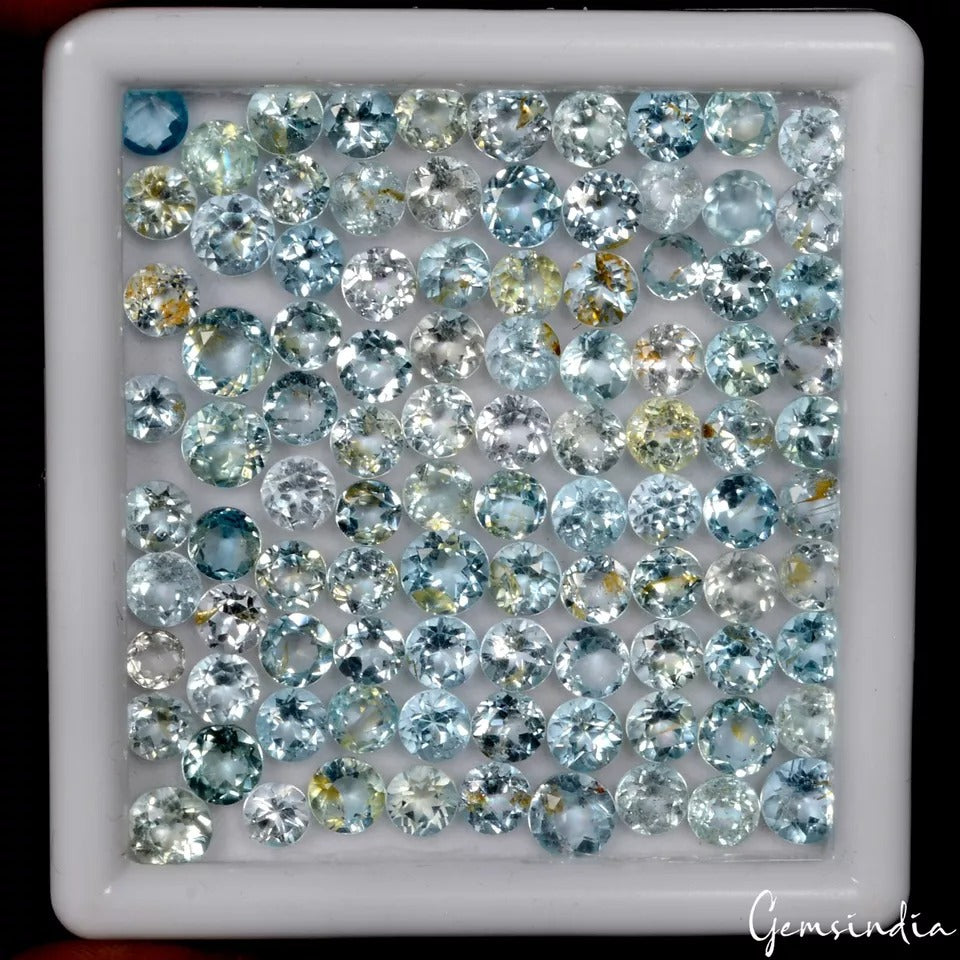 65.45 Ct/100 Pcs Natural Untreated Brazilian Blue Topaz Round Cut Loose Gems Lot