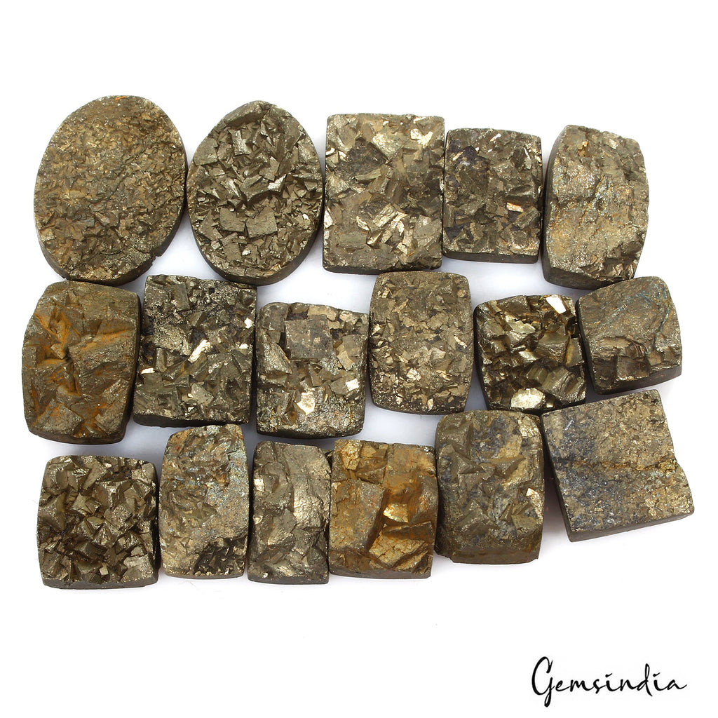 360 Cts/17 Pcs Natural Untreated Gold Pyrite Druzy Mix Cut Flat Back Loose Gems
