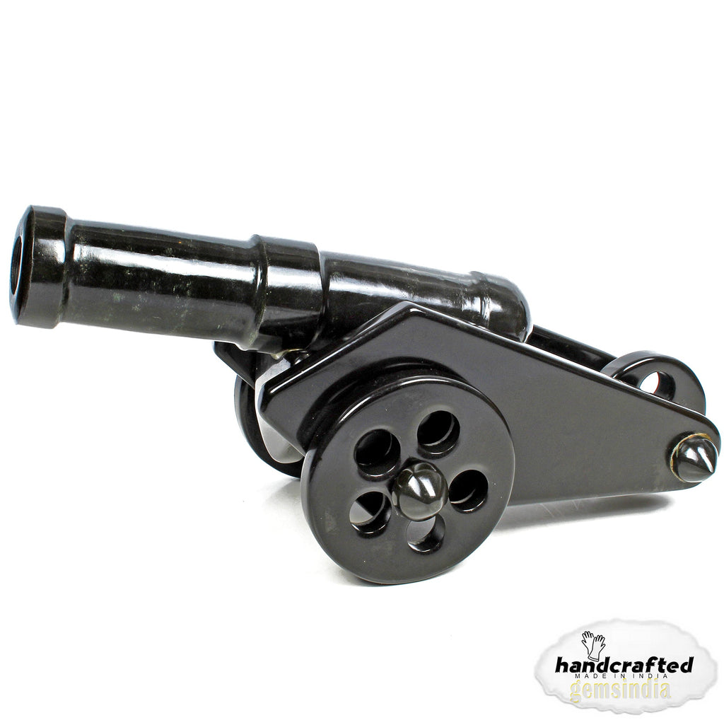 gemsindia Hand Carved Black Agate Carved Cannon with wheel play all stone joints