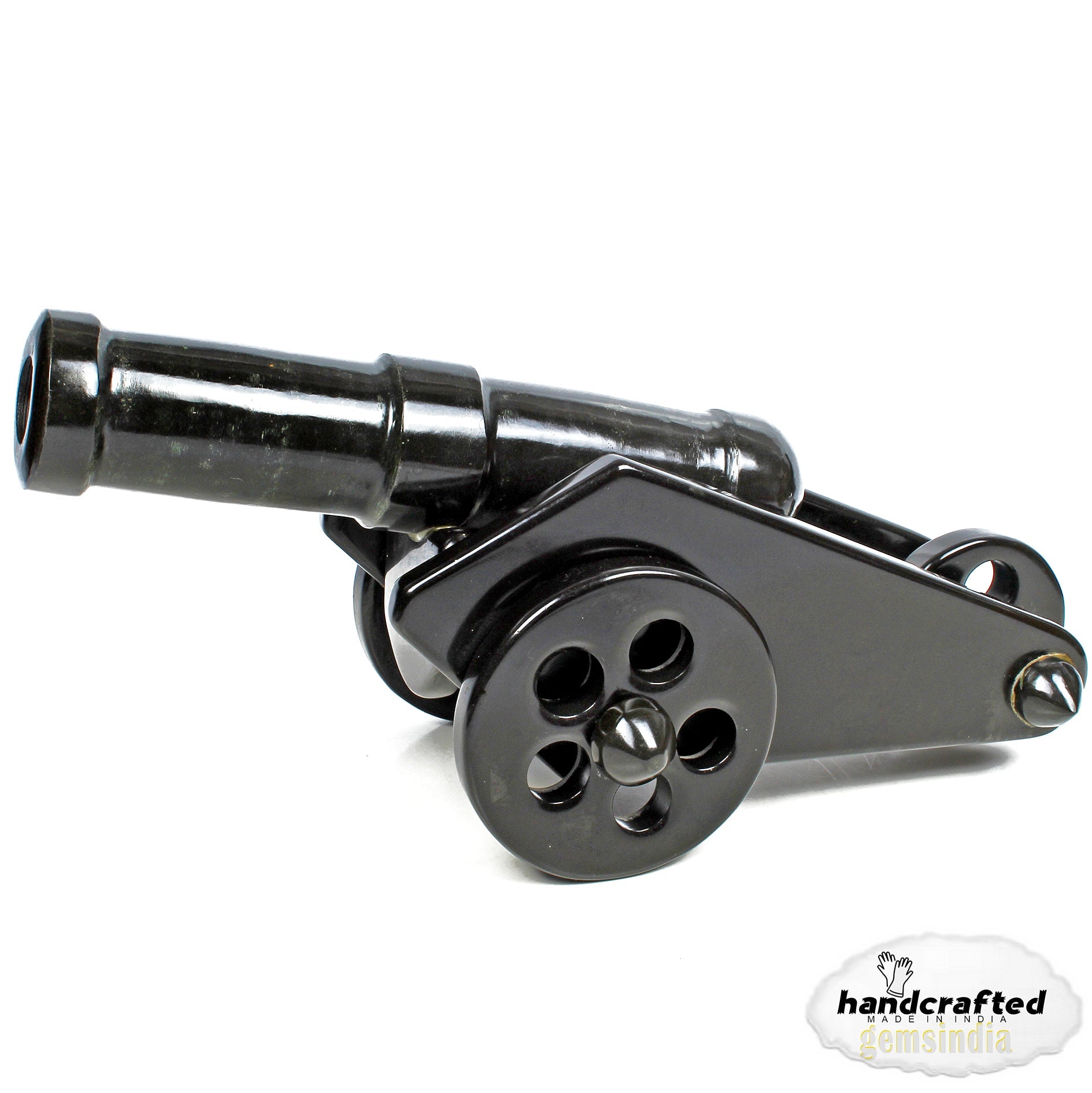 gemsindia Hand Carved Black Agate Carved Cannon with wheel play all stone joints