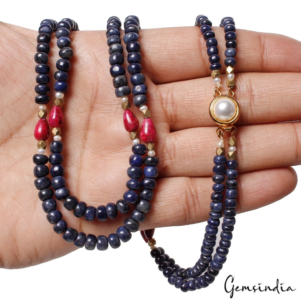 320 Ct Natural Blue Sapphire Red Ruby Gems Beads Double Strand Long Necklace 23"