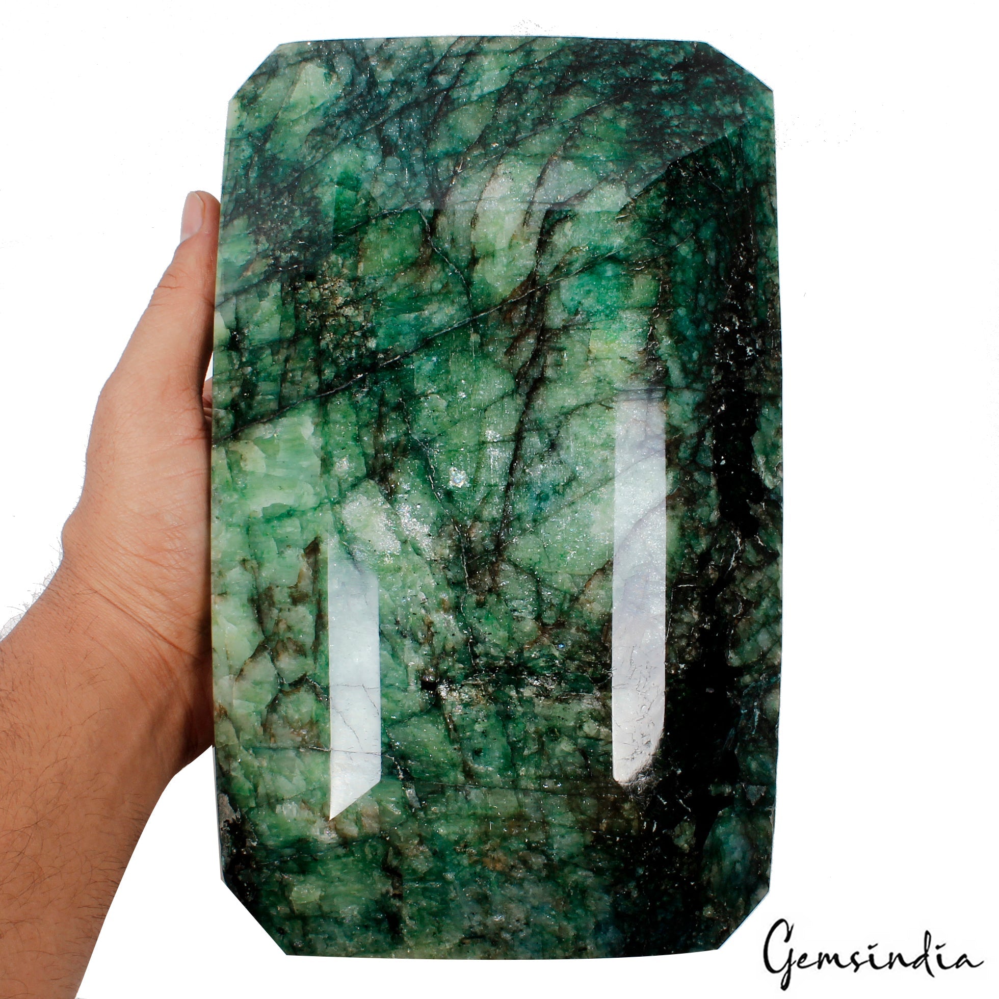 Large 6.7 Kg Natural Green Emerald Huge Octagon Cut Earth mined Gemstone W Stand