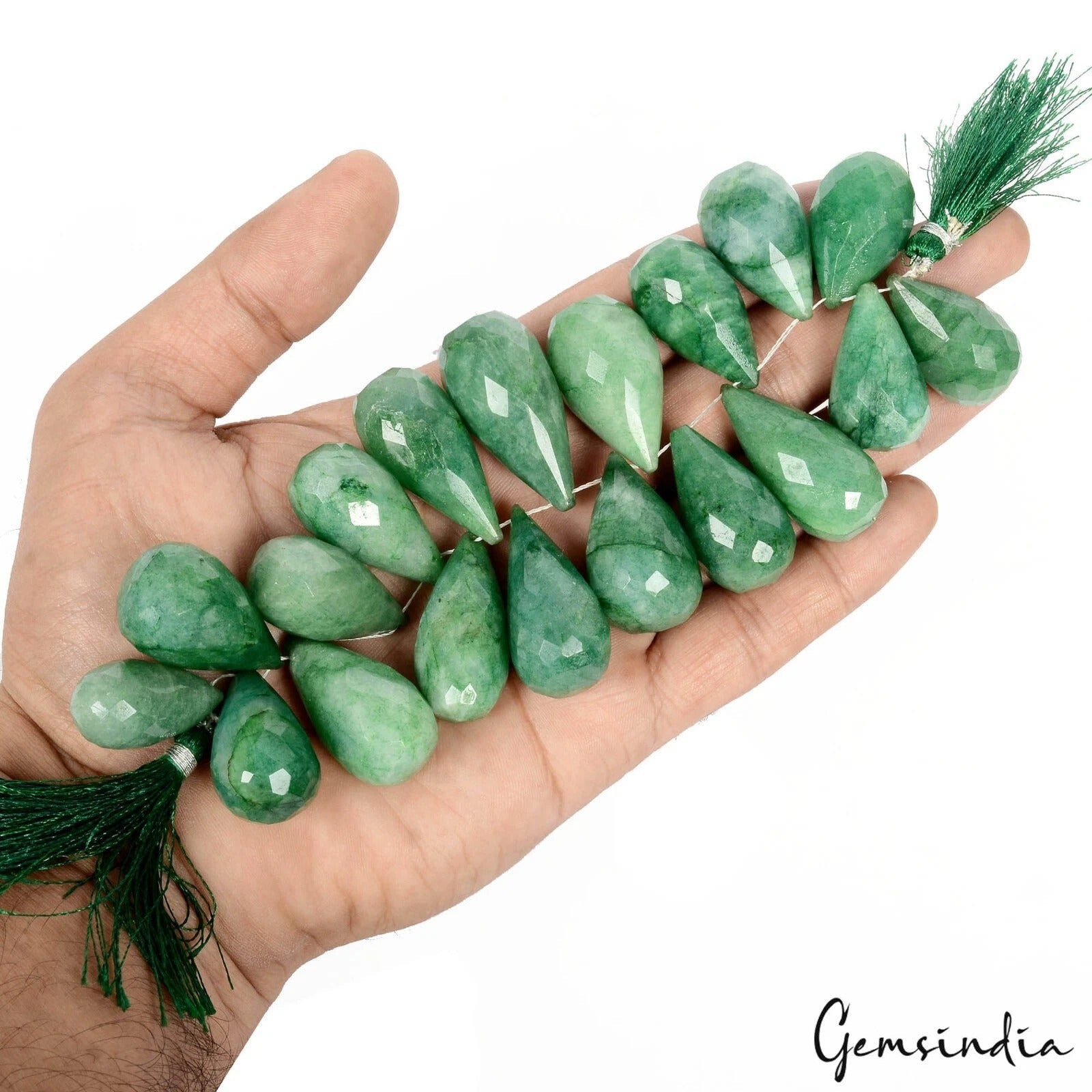 Natural 1020 Cts Green Emerald Pear Checker Cut Beads/Briolette Loose Gemstone