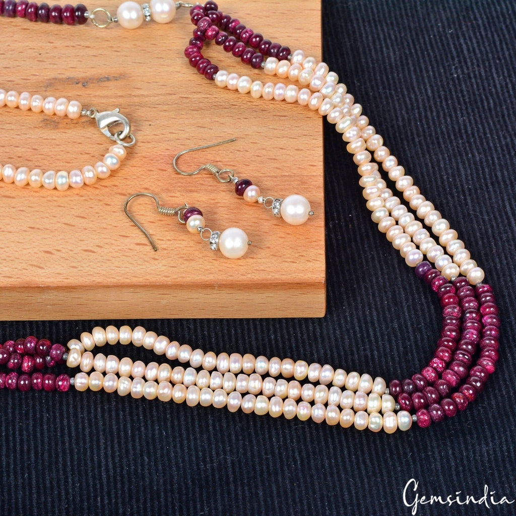 316.30 Cts Natural Red Ruby Peach Round Cab Beaded Handmade Designer Jewelry Set