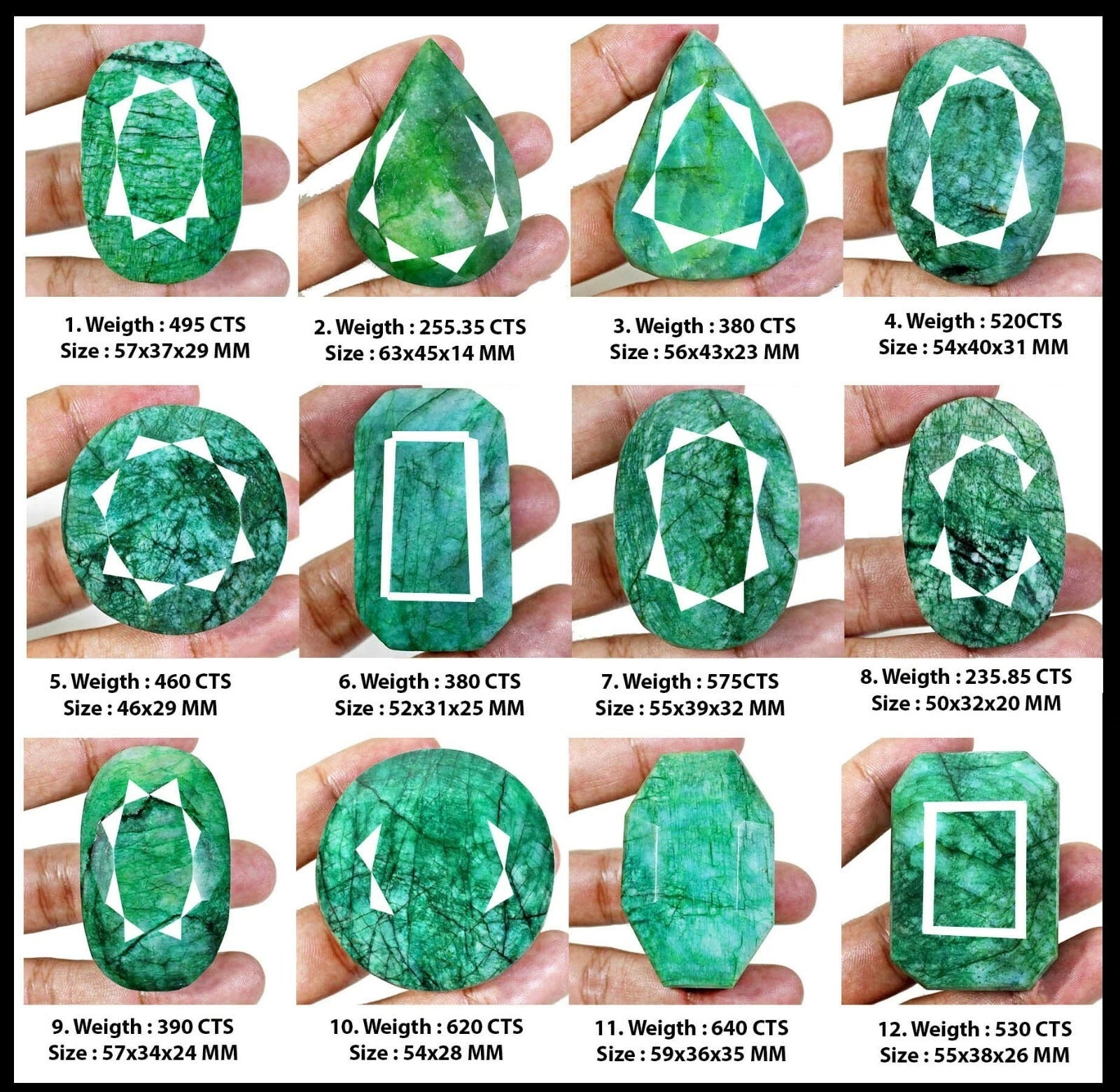 1 Kilo/12 Pcs Natural Brazilian Green Emerald Mixed Cut Wholesale Gemstones Lot