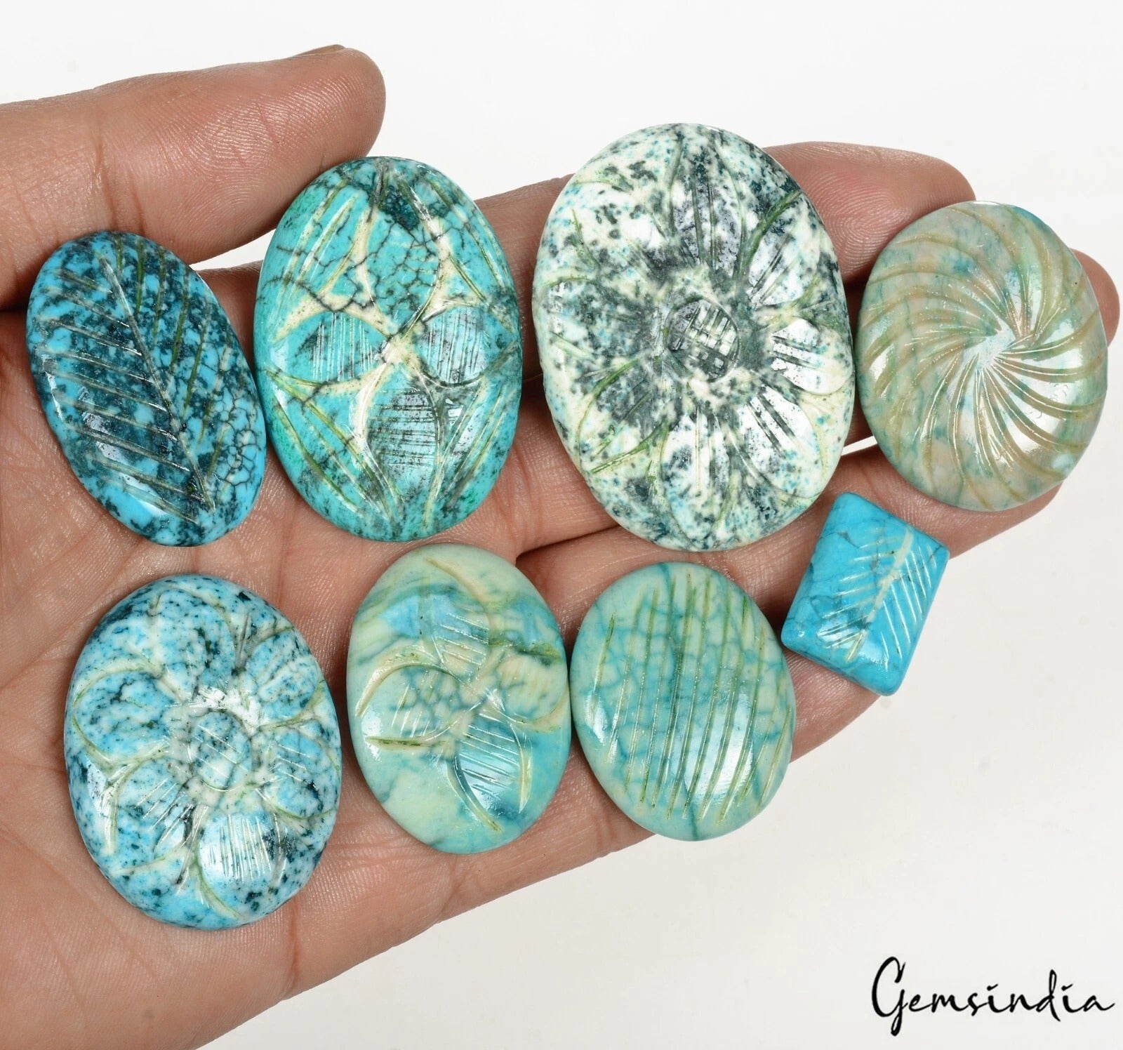 8 Pc Chinese Blue Turquoise Hand Carved Jewelry Kind Loose Gemstones Lot ~530 Ct