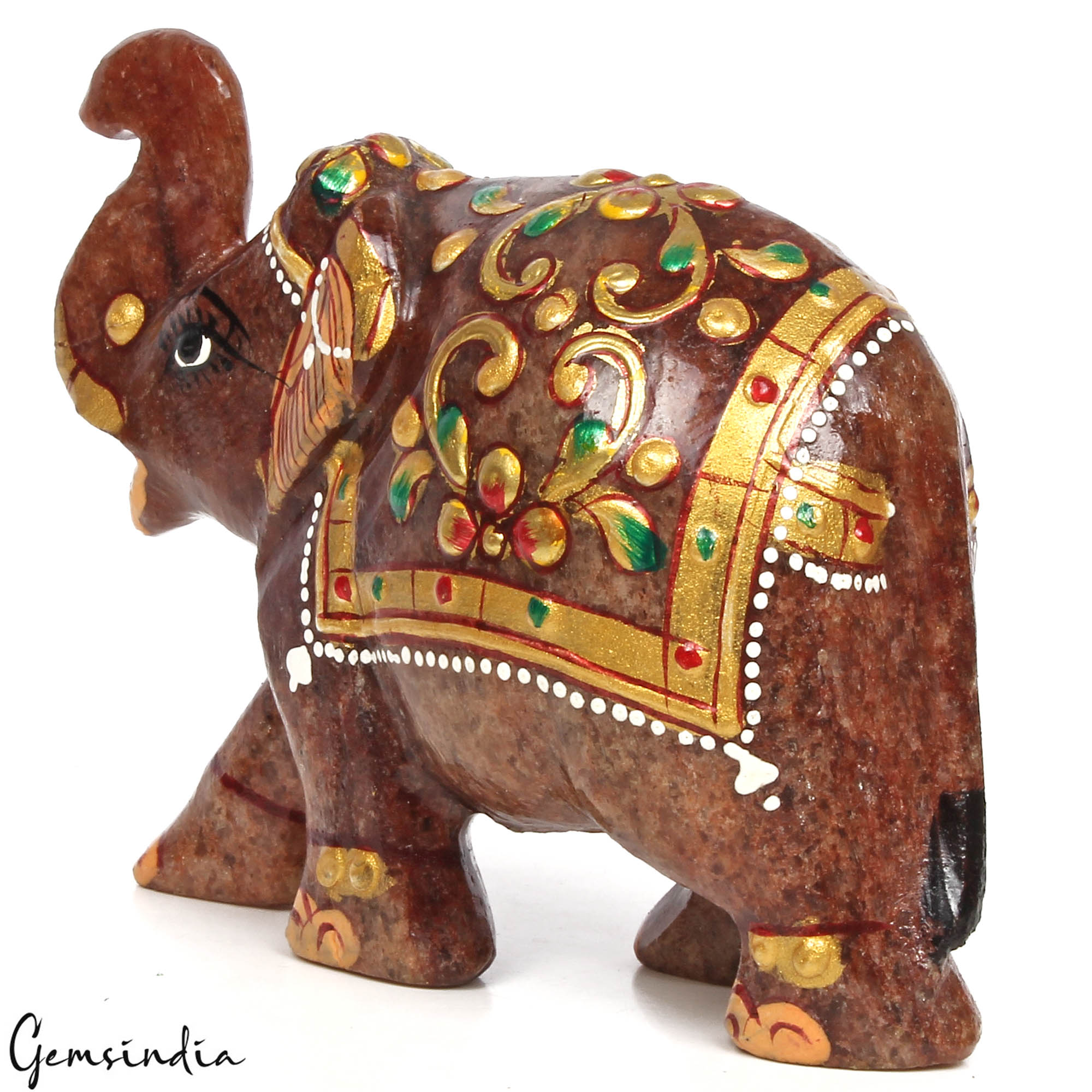 1130 Cts Natural Aventurine Hand Crafted Gold Painted Elephant Sculpture/ Statue