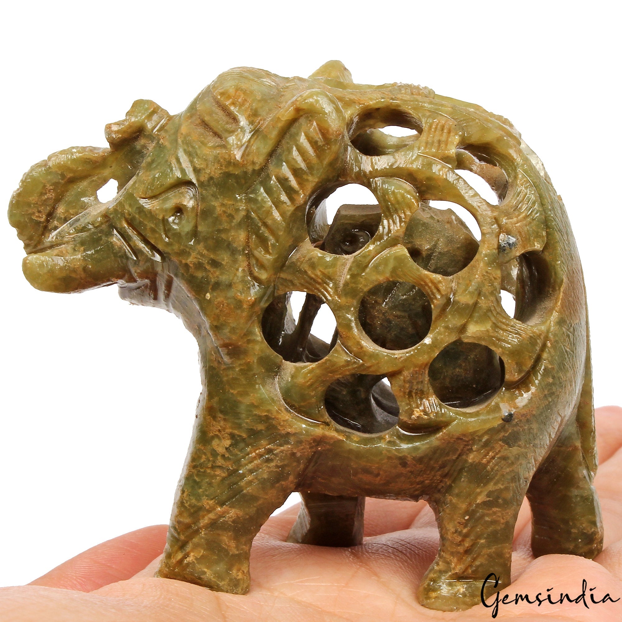 680 Cts Soapstone Trunk Up Elephant Statue Animal~ Baby inside Tummy Sculpture