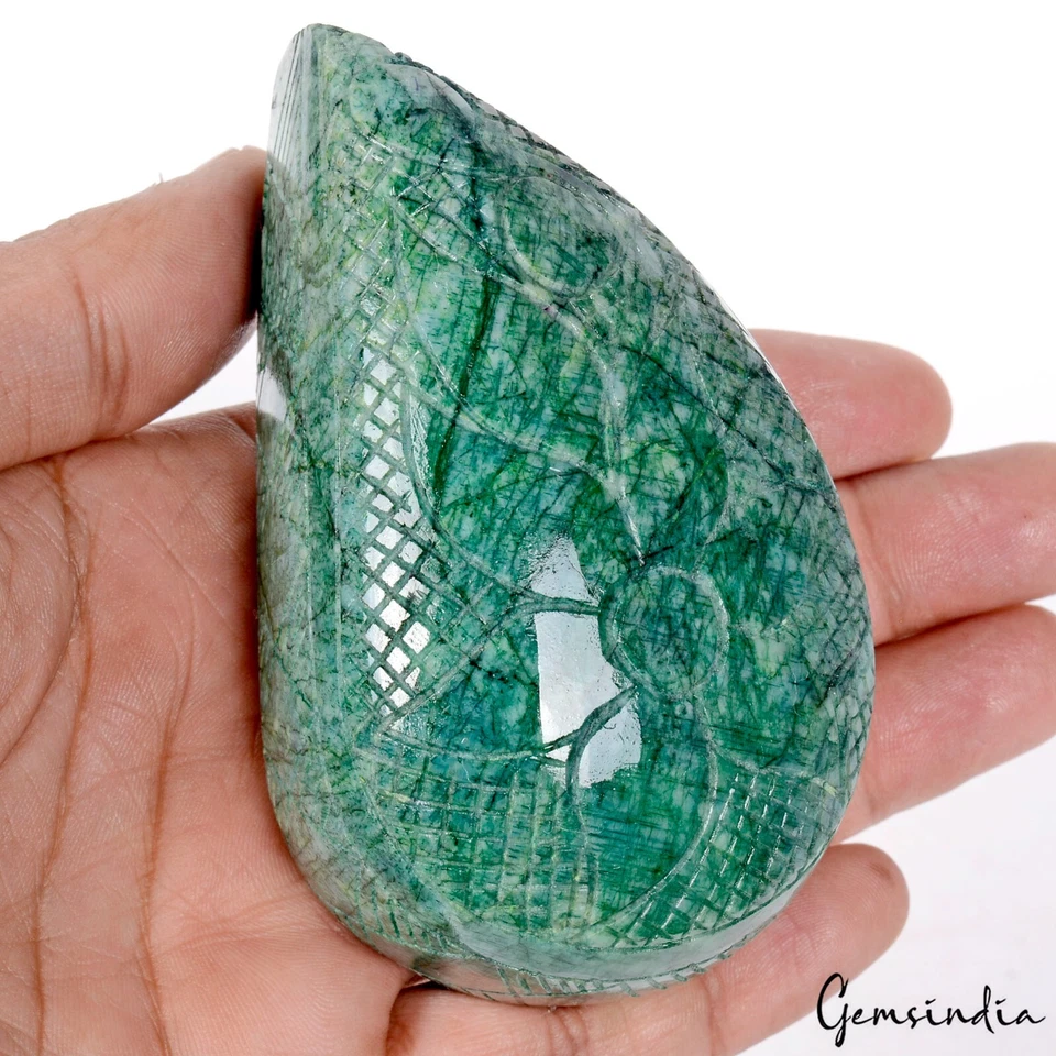 Certified 1785 Ct Natural Brazilian Green Emerald Pear Leaf Design Carving Gem