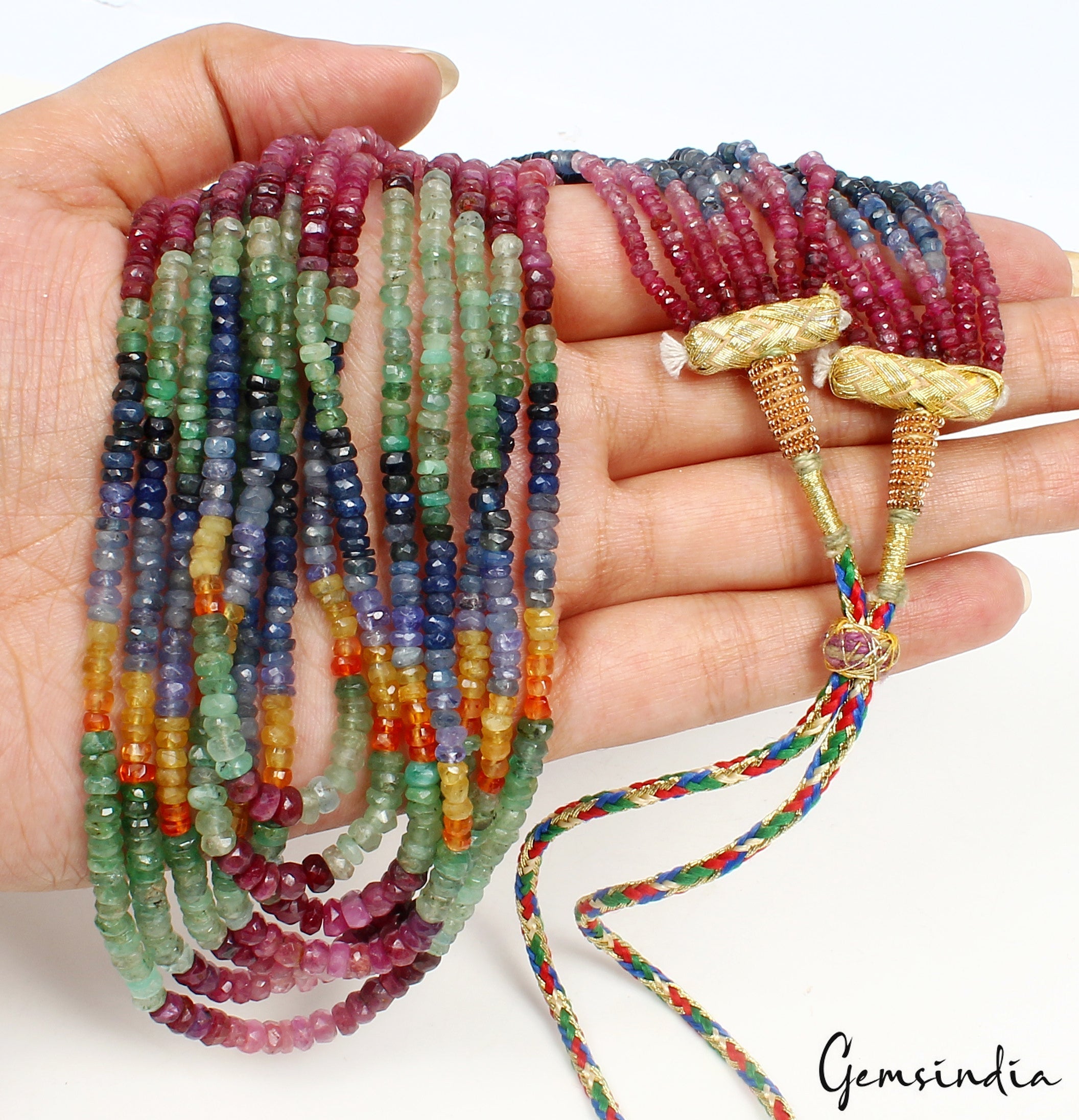 7 Strands Untreated Ruby Emerald Sapphire Beaded Designer AAA Necklace 400 Cts