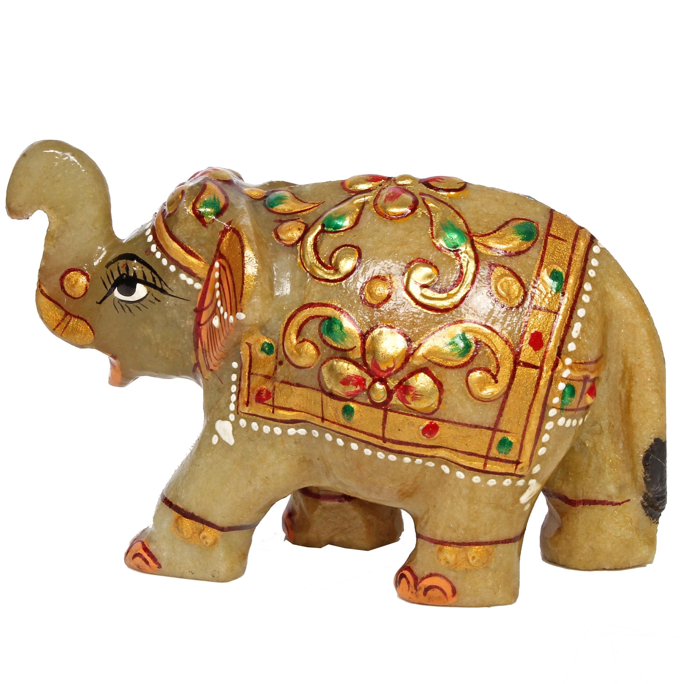 830 Ct Hand Crafted Gold Painted Trunk Up Elephant Natural Aventurine Sculpture