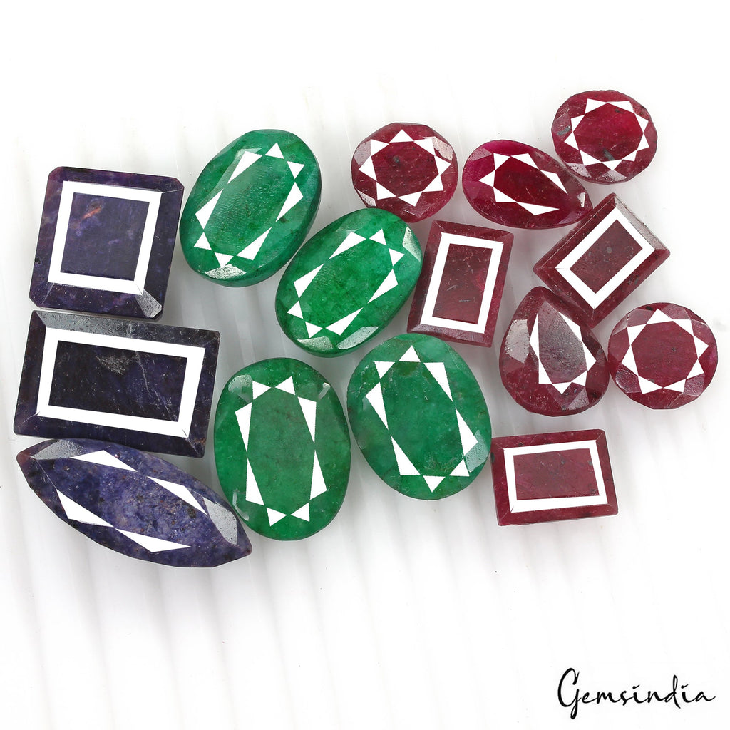 570 Ct/15 Pcs Natural Multi Color Emerald Ruby Sapphire Mixed Cut Loose Gem Lot