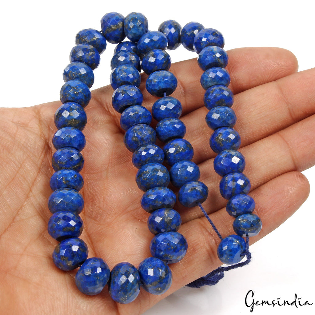 450 Cts/49 Pcs Natural Blue Lapis Lazuli Round Checker Cut Drill Bead Strand 18"