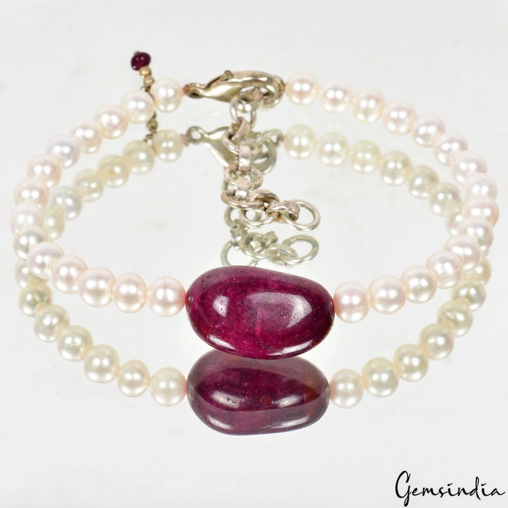 74 Ct Natural Red Ruby &Pearl Beaded Handmade Bracelet W Adjustable Silver Chain