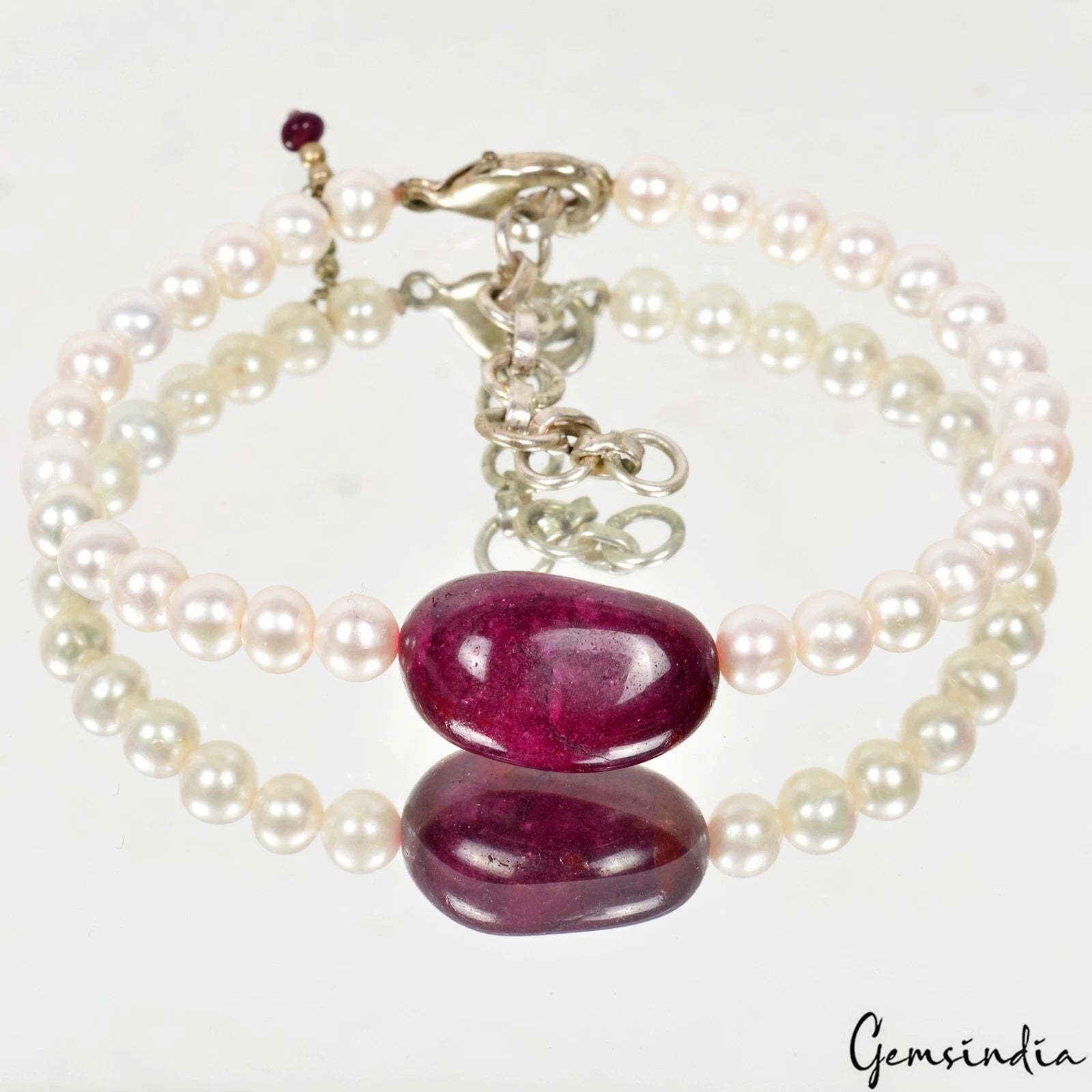 74 Ct Natural Red Ruby &Pearl Beaded Handmade Bracelet W Adjustable Silver Chain