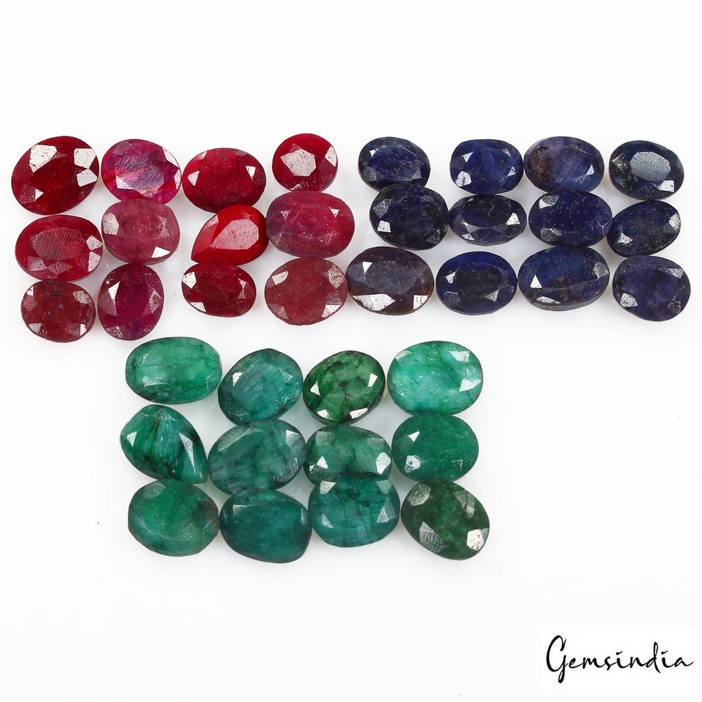 121 Ct/36 Pc Natural Red Ruby Green Emerald Blue Sapphire Mix Cut Certified Gems