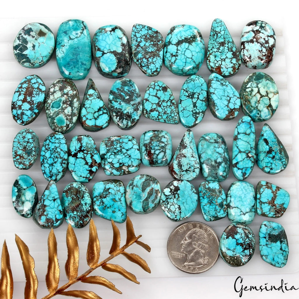Turquoise Lot, Cabochon, Oval Pear Freeform Cabochon, Color Enhanced — 35 Pieces, 17mm to 31mm, 600 Ct