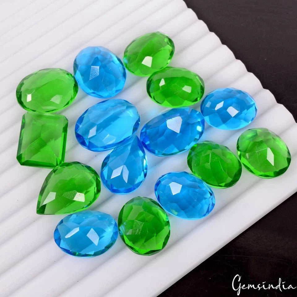 345 Cts/15 Pcs Lab Created Blue Topaz & Peridot Hydro Loose Jewelry Gemstones