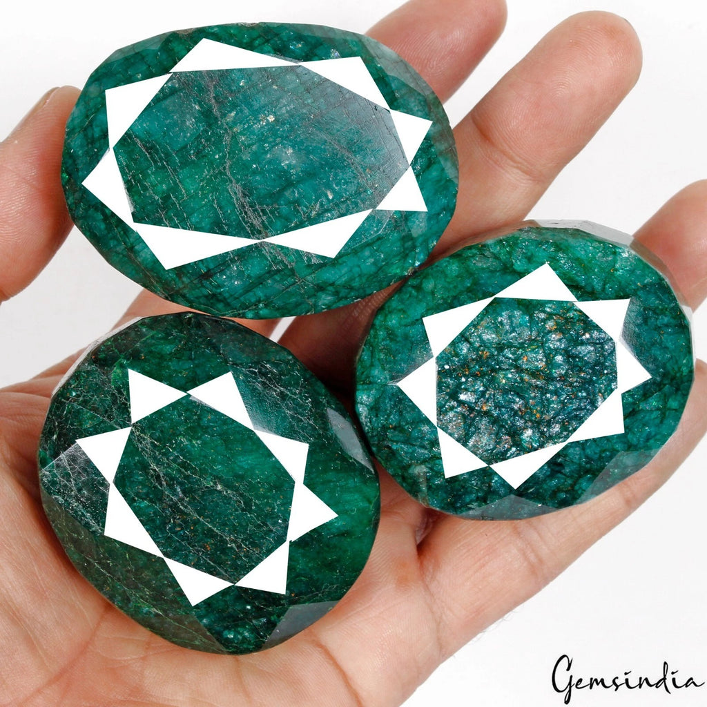 Emerald Lot, Loose Gemstone, Color Enhanced, Green — 3 Pieces, 54mm to 62mm, 2080 Ct, Brazil