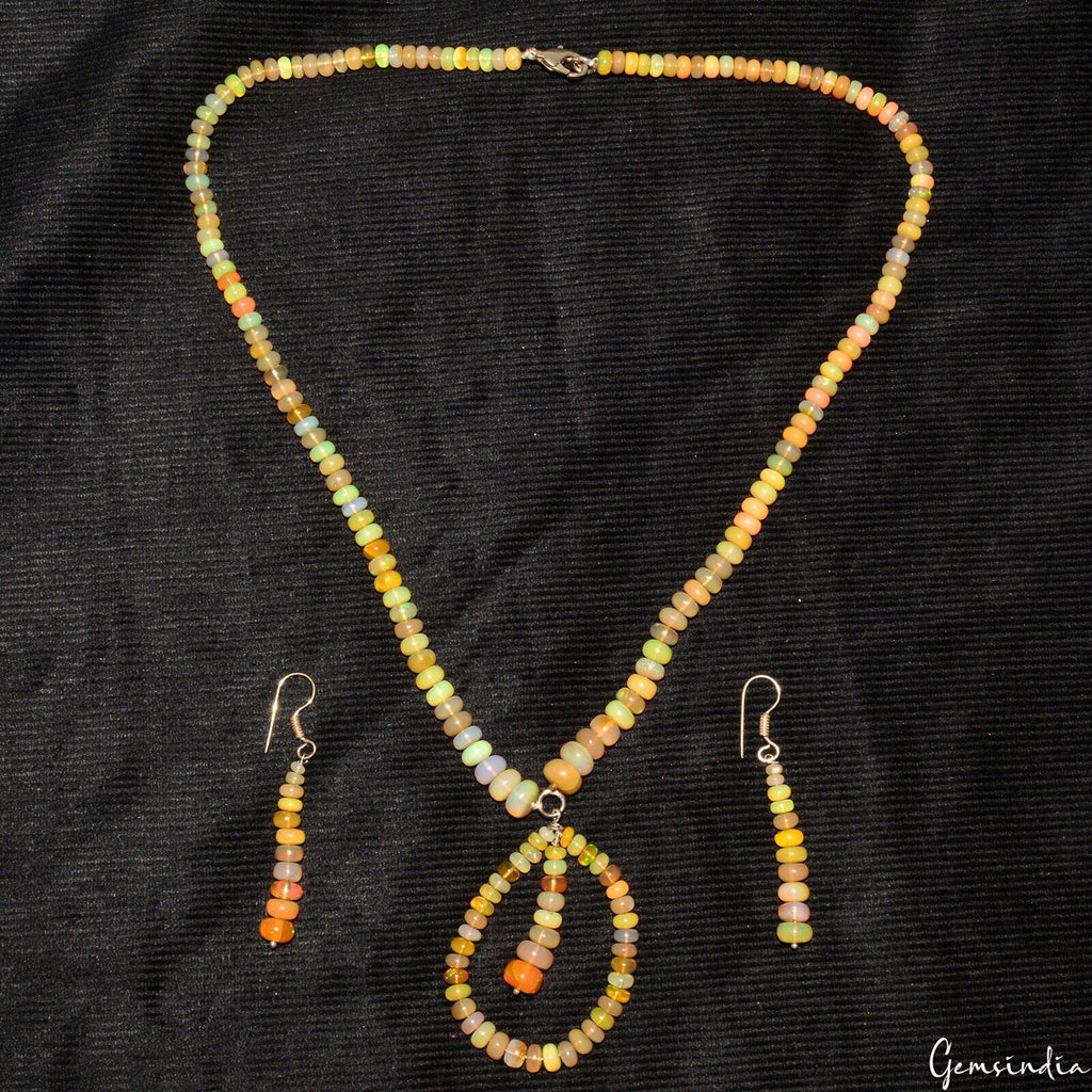 20" Natural Welo Fire Ethiopian Opal Untreated Rondelle Bead Necklace W/Earrings