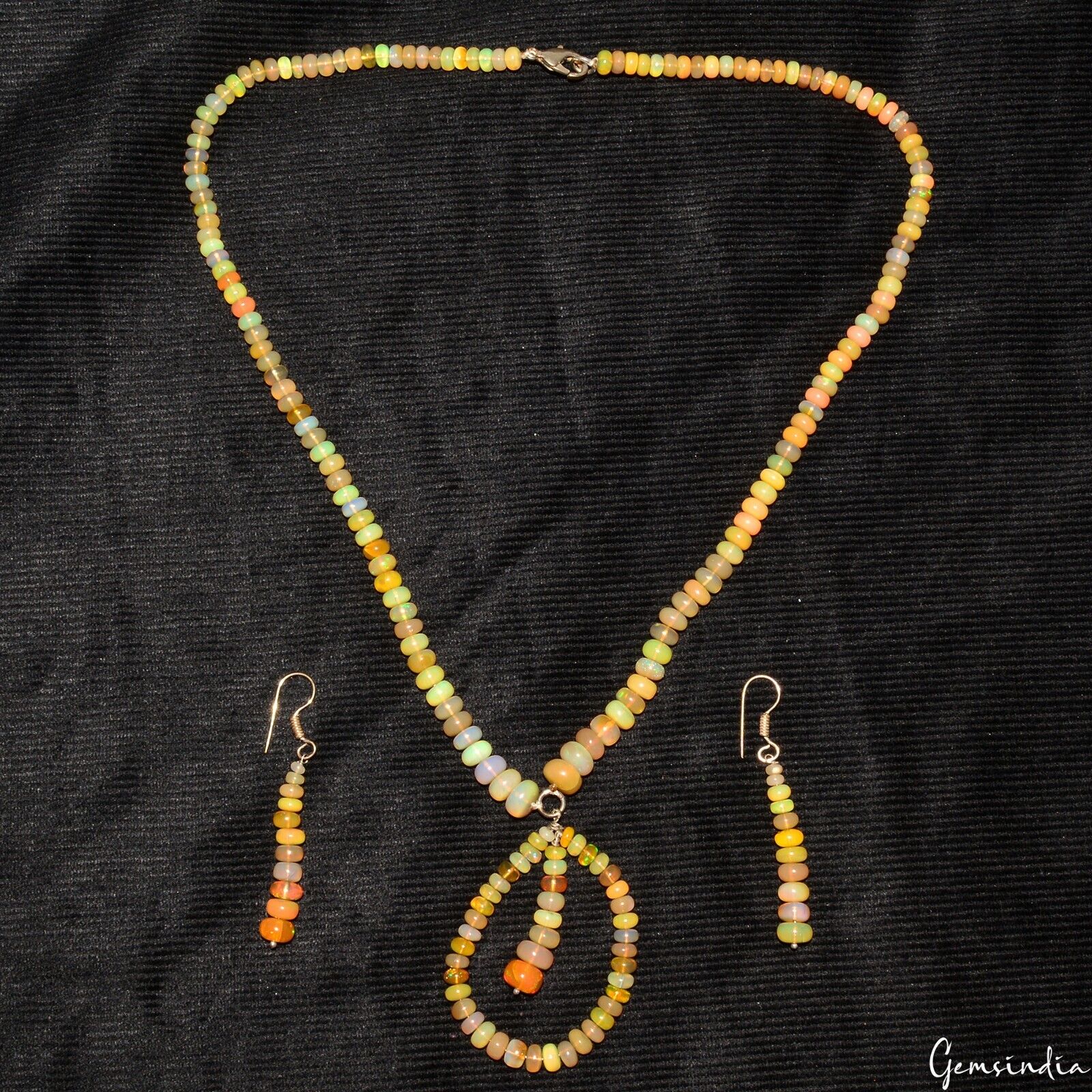 20" Natural Welo Fire Ethiopian Opal Untreated Rondelle Bead Necklace W/Earrings