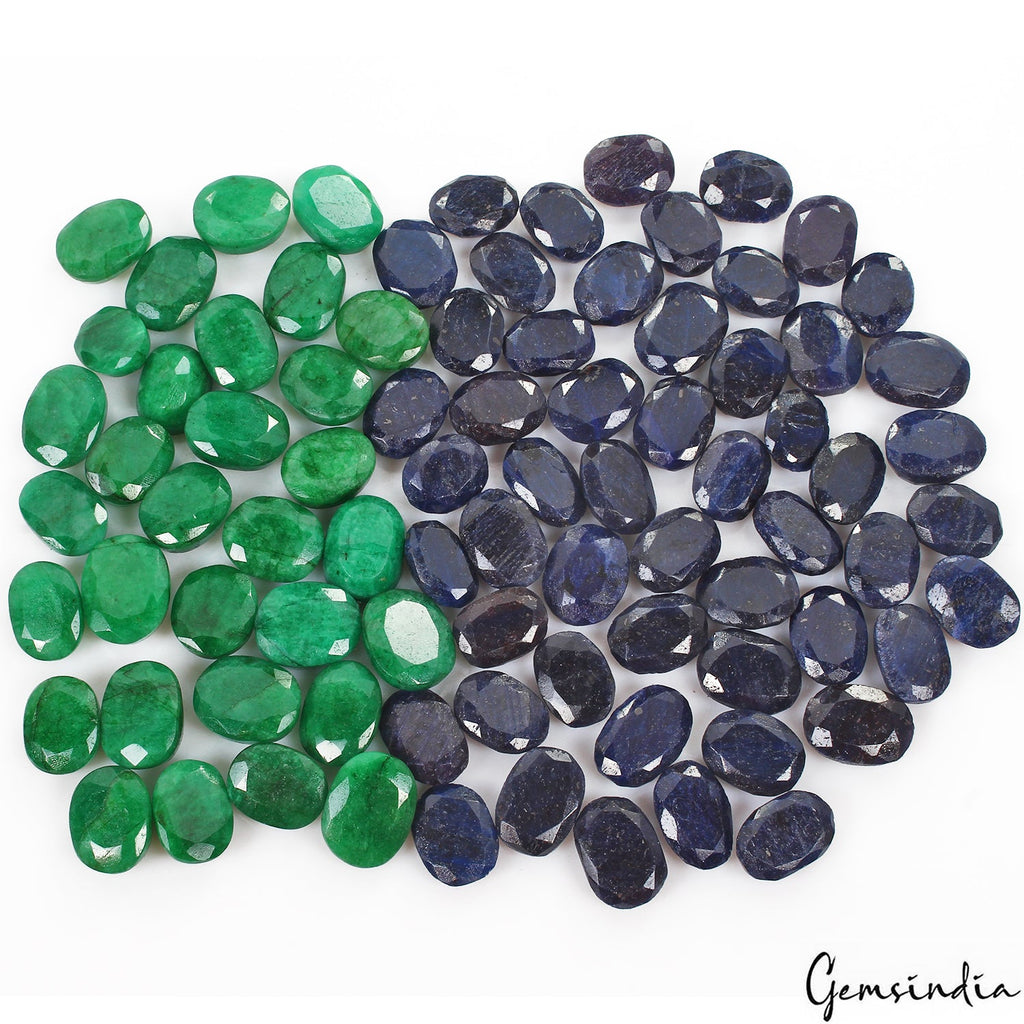 Certified 1500 Ct/84 Pcs Natural Green Emerald Blue Sapphire Oval Cut Loose Gems
