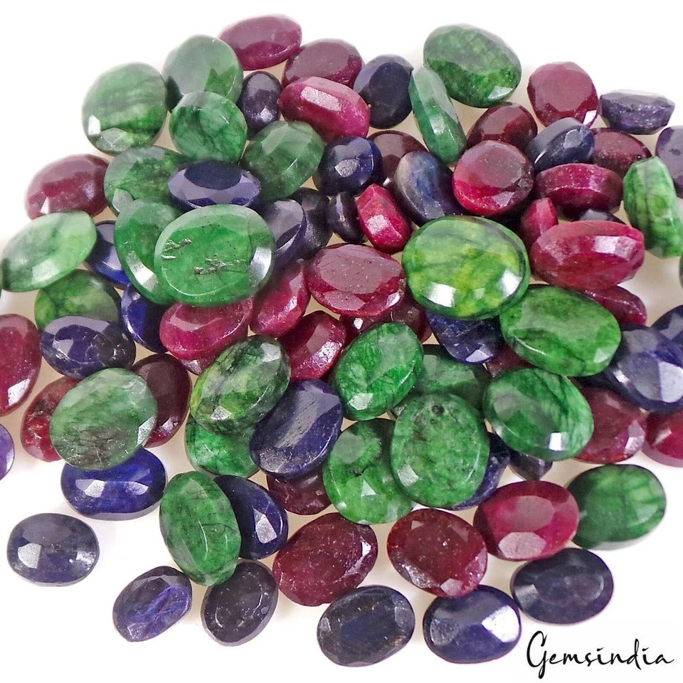 1300 Ct Natural Ruby Emerald Sapphire Mix Cut 12-20mm Loose Ring Size Gems~100Pc
