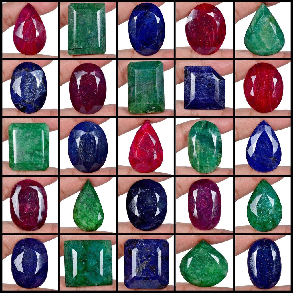 Natural 3860 Ct/25 Pcs Ruby Emerald & Sapphire Mix Shape Loose Gemstones 28-48mm