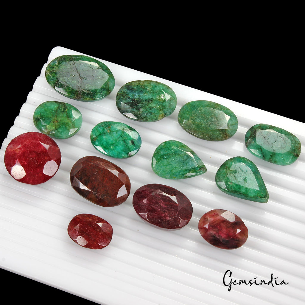 660 Cts/13 Pcs Natural Red Beryl Green Emerald Mixed Cut Loose Gems For Jewelry