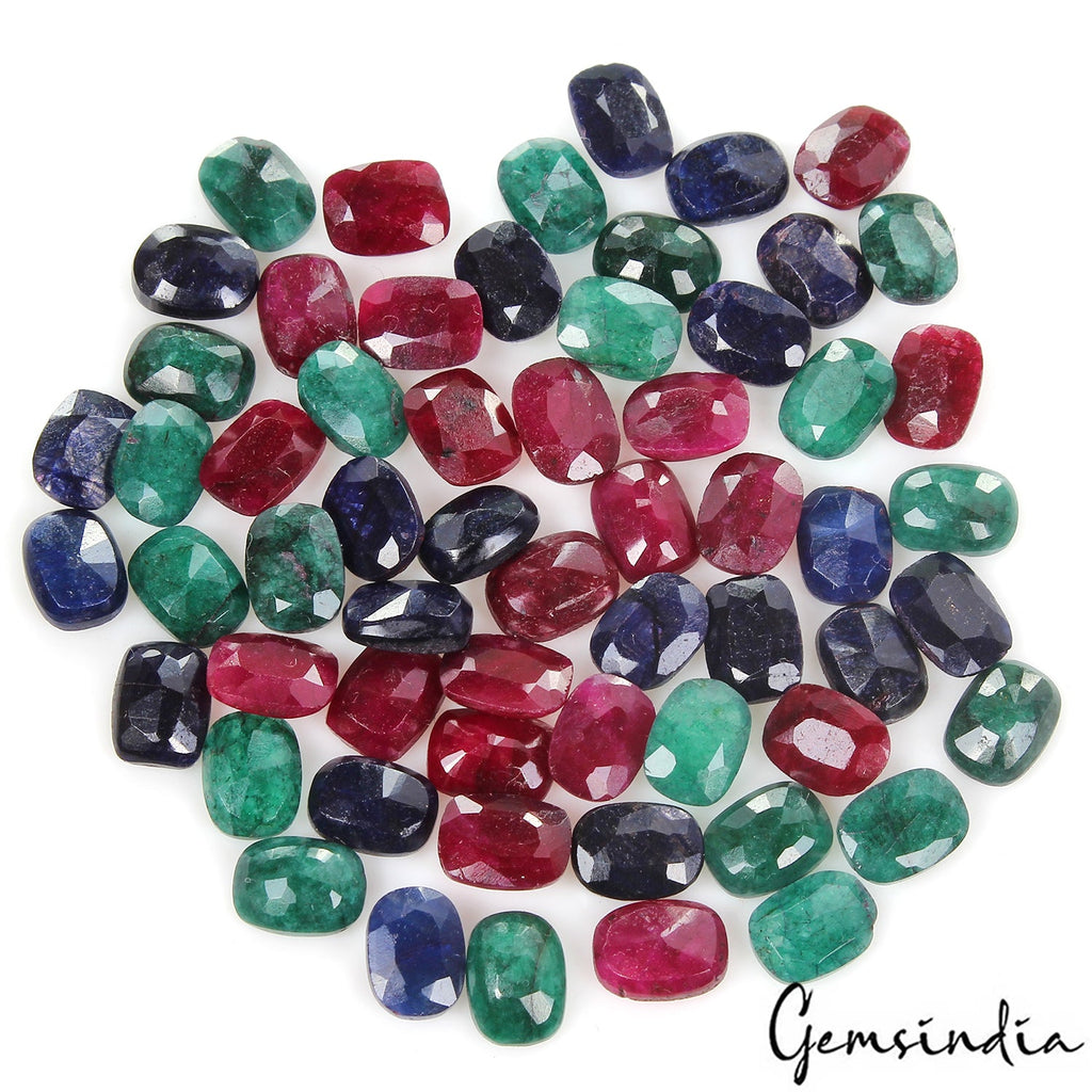 101.30 Ct Natural Ruby, Emerald, Sapphire 8x6mm Cushion Cut Certified Gems~ 60 P