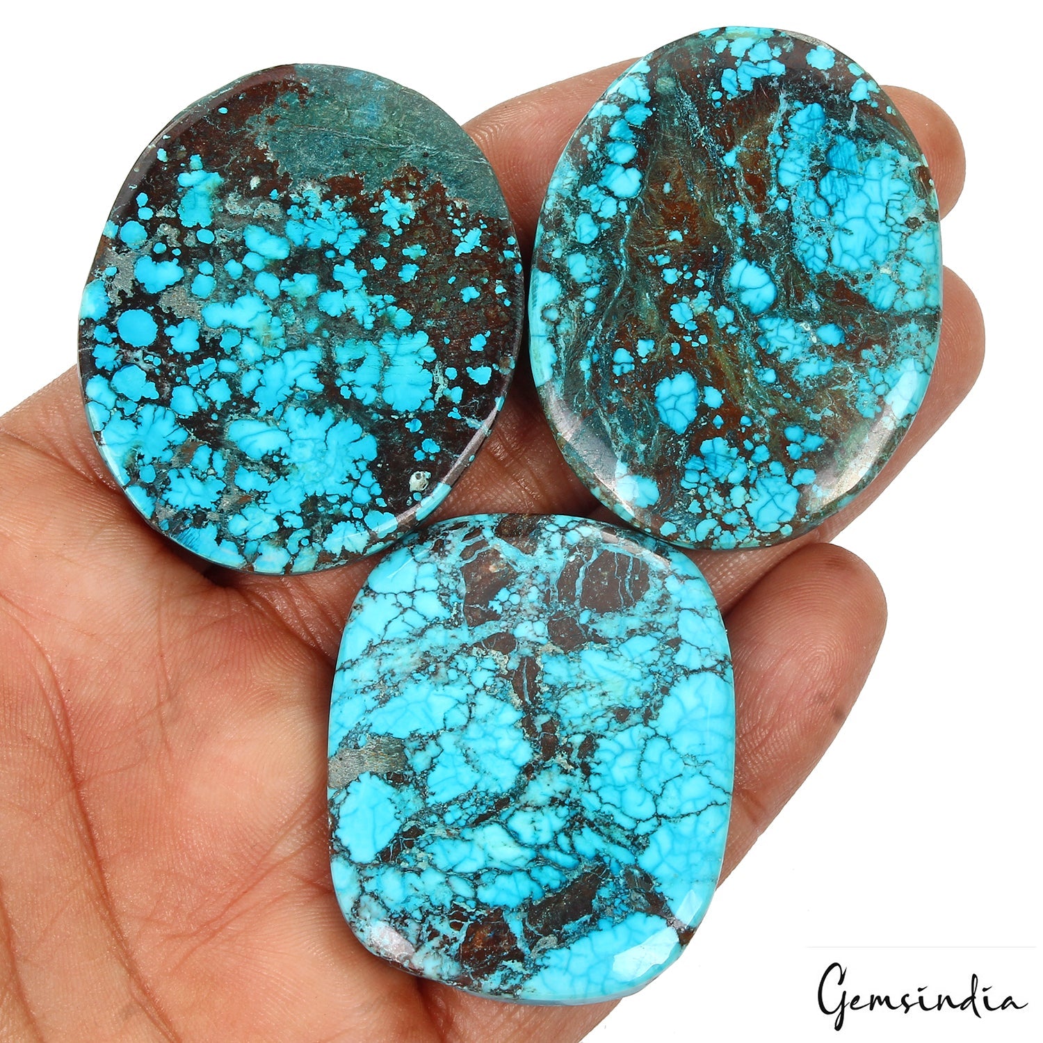 350 Ct/3 Pcs Natural Spiderweb Blue Turquoise Oval Cabochon Loose Gemstone Lot