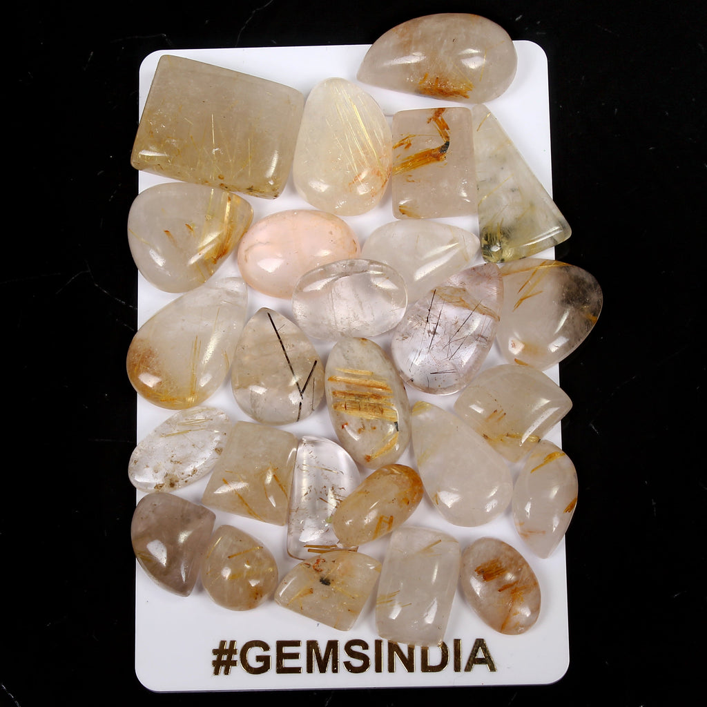 190 Ct/11 Pcs Natural Untreated Golden Wire Rutile Quartz Mix Cab Loose Gems Lot